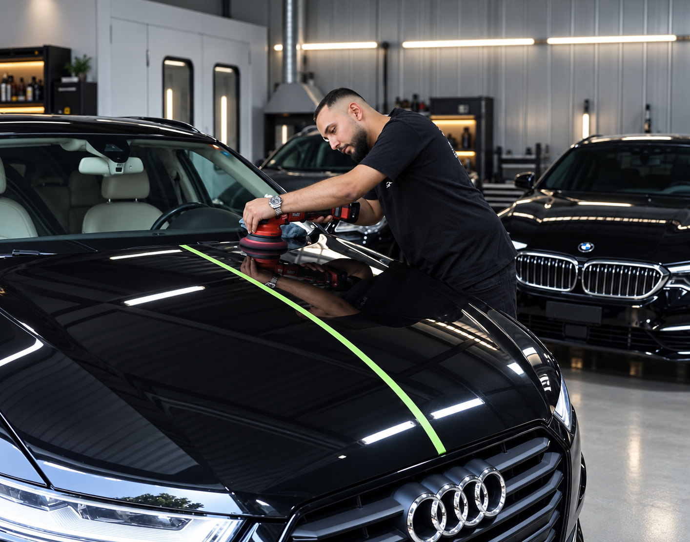 Polissage d’une voiture noire dans l’atelier